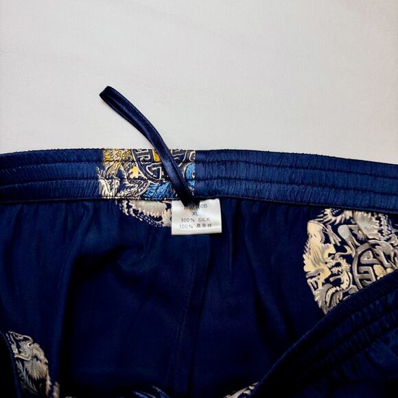 Silk Wide Leg Pants Women's XL Navy Gold Dragon Luxury Loungewear Chinoiserie - Picture 10 of 15